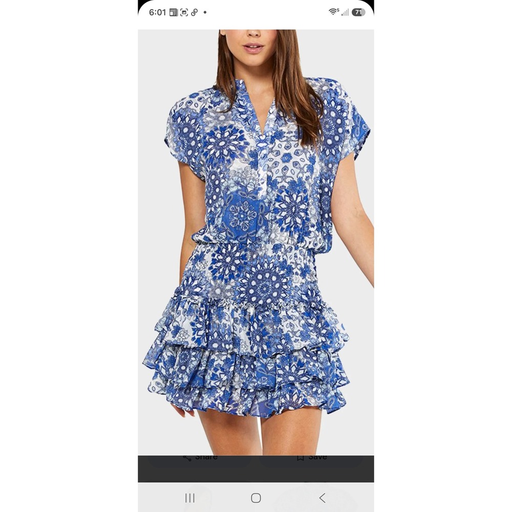 MISA Los Angeles Blue White Mandala Paisley Smocked Tiered Ruffle Mini Dress S